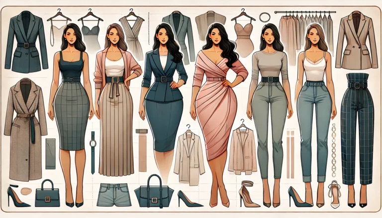 A horizontal illustration showing a stylish confident woman with an hourglass figure wearing various outfits. She is showcased in flattering clothing.