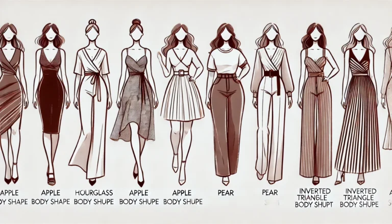 A wide horizontal illustration showcasing five different women's body shapes and corresponding outfits. Each woman represents a different body type.